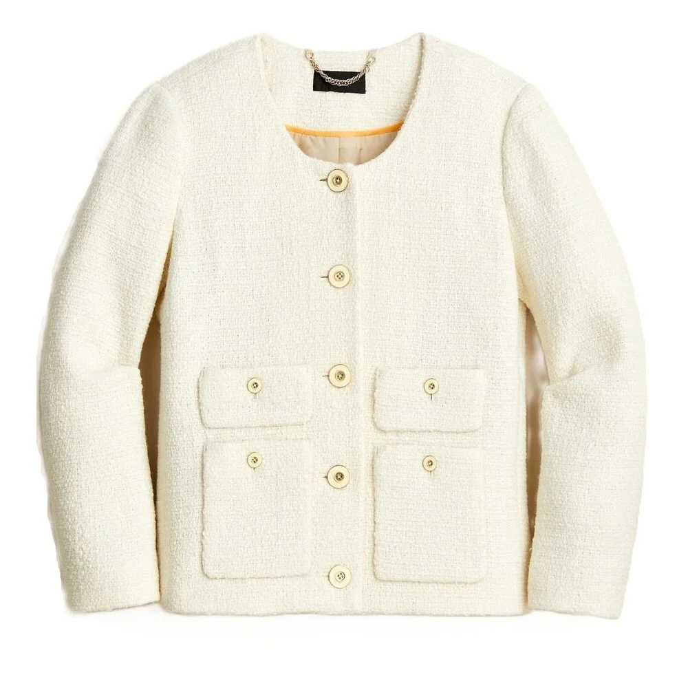 NWT J.Crew Lady Jacket in Ivory Maritime Tweed Collarless Wool Blend 16
